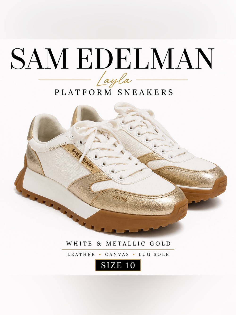 Sam Edelman Layla White & Metallic Gold Platform Sneakers